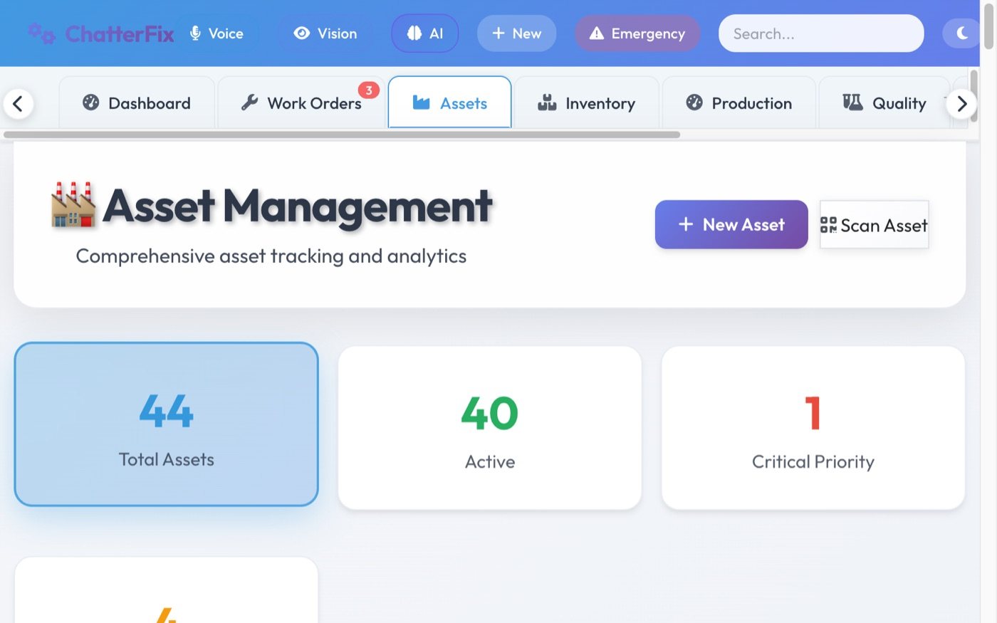ChatterFix asset management — 44 assets, 4 maintenance due