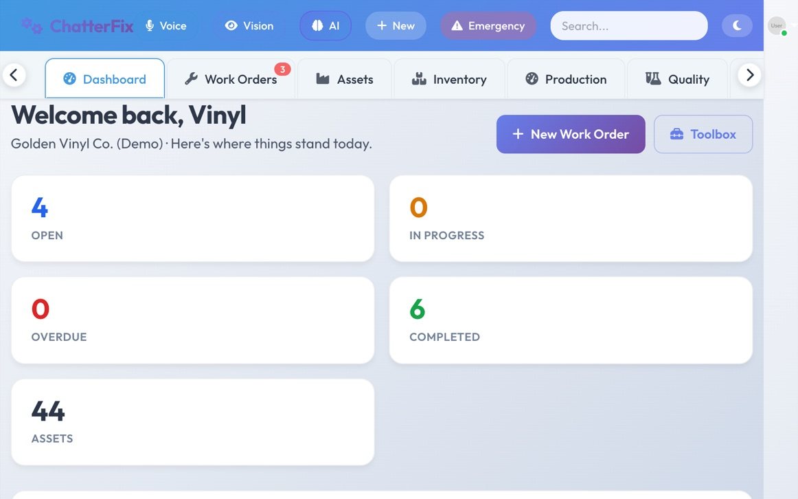 ChatterFix dashboard — open work orders, assets, and plant KPIs